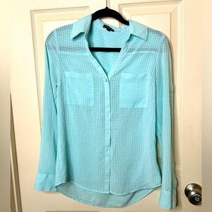 Express Portofino Shirt in light teal with checked sheer pattern size small